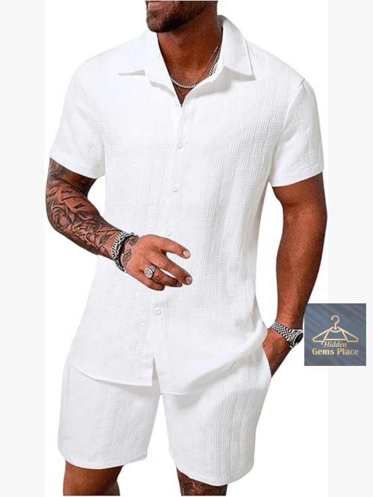 Men's 2 Piece Linen Short Set Button Down Shirt & Shorts Summer Outfit